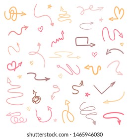 Multicolored infographic elements isolated on white. Abstract arrows. Set of sketchy indicator signs. Hand drawn simple pointers