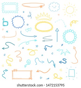 Multicolored infographic elements isolated on white. Set of sketchy abstract arrows. Hand drawn simple pointers. Symbols for work