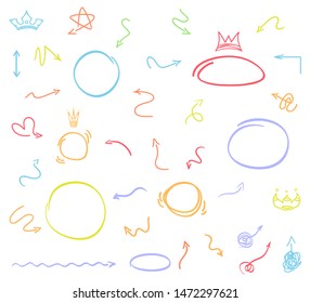 Multicolored infographic elements isolated on white. Abstract arrows. Set of sketchy indicator signs. Hand drawn simple symbols