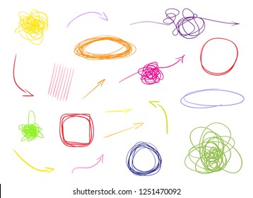 Multicolored infographic elements on isolated white background. Hand drawn simple arrows. Line art. Set of different pointers. Abstract indicators