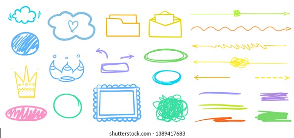 Multicolored infographic elements on isolated white background. Hand drawn different signs. Colorful illustration. Objects for artwork