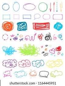 Multicolored infographic elements on isolation background. Set of different indicator signs. Tangled backdrops. Hand drawn simple objects. Line art. Abstract circles, arrows and rectangles