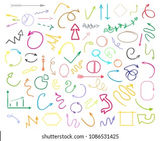 Multicolored infographic elements on white background. Colored arrows. Symbols for design. Hand drawn set of different signs. Doodles for work. Art creation