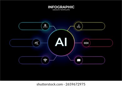 Modelo Infográfico multicolorido para o diagrama de negócios do processo AI. 6 botões. Design infográfico plano brilhante com linhas finas para o site, apresentação de dados. Conceito futurista tecnológico. Versão escura