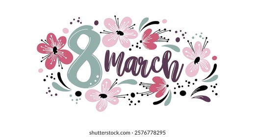 multi-colored inscription on March 8th with fancy abstract flowers in horizontal format. flat drawing in minimalist style, pastel colors. stock vector illustration. EPS 10.