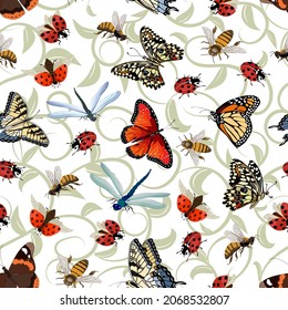 Multicolored insects on a deciduous background.Butterflies, bees, ladybugs and green leaves on a transparent background in a seamless pattern.