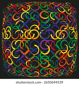 Multi-colored interwoven circles. Dark abstract background. Neon vector illustration.