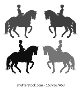 multicolored isolated silhouettes of a female rider on a Spanish horse, dressage