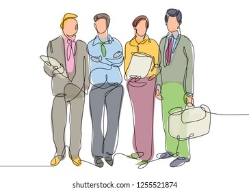 Multicolored isolated translucent color illustrations Continuous one drawn line of business team together group portrait. Businessman silhouette concept of success and cohesion in the company.