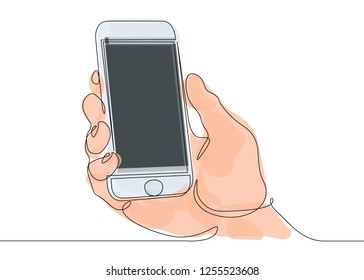 Multicolored isolated translucent color illustrations Continuous line drawing of hand holding smartphone mobile device