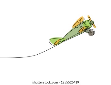 Multicolored isolated translucent color illustrations Continuous line drawing of jet plane . Flight biplane Tandem wing. The symbol of take-off in the sky