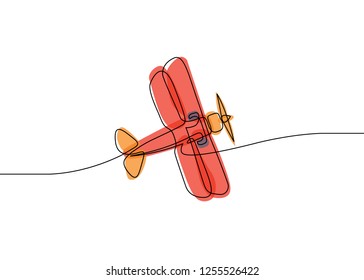 Multicolored isolated translucent color illustrations Continuous line drawing of jet plane . Flight biplane Tandem wing. The symbol of take off in the sky