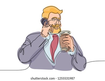 Multicolored isolated translucent color illustrations Drawing a continuous one line man businessman talking on the phone drinking coffee. Hipster with a mustache and beard with a drink and a smartphon