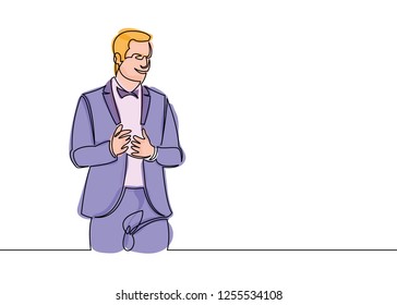 Multicolored isolated translucent color illustrations One Line Drawing or Continuous businessman talking on presentation.