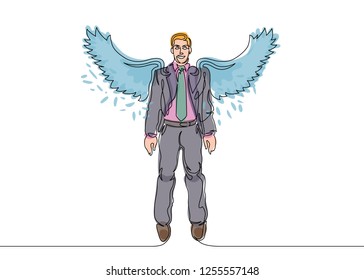 Multicolored isolated translucent color illustrations Continuous one line drawing of a businessman with wings. A soaring dreaming man in a suit and tie. Flight of fantasy, liberation to soar.
