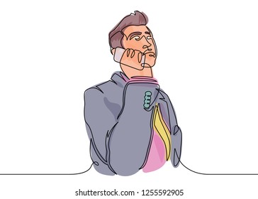 Multicolored isolated translucent color illustrations Continuous one drawn line of businessman of a fashionable hipster with a beard of a hairdresser on the phone. 