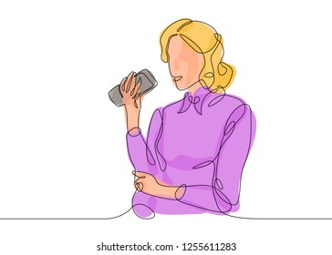 Multicolored isolated translucent color illustrations continuous line drawing talking on a smartphone woman girl