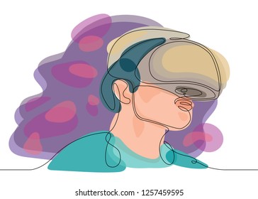 Multicolored isolated translucent color illustrations Continuous one line drawing Man in glasses device virtual reality