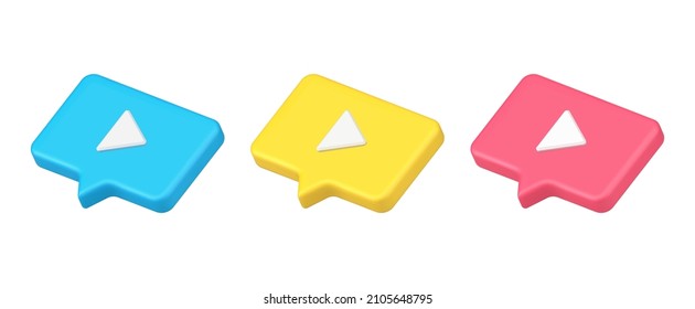 Multicolored isometric collection play buttons quick tips decorative 3d icon vector illustration. Bright triangle arrow in speech bubble for multimedia content playing starting broadcast isolated