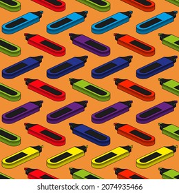 Multi-colored isometric markers highlighters seamless pattern. For school and business. Pattern for students day