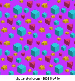 Multicolored isometric shapes on a pink background, texture for design, seamless pattern, vector illustration
