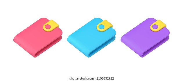 Multicolored isometric stylish wallet collection for money cash and coins storage and carrying decorative design 3d icon vector illustration. Bright financial accessory income banking account isolated