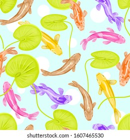Multicolored japanese carps seamless pattern. Hand drawn fishes, leaves and lotus.Isolated vector.