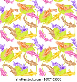 Multicolored japanese carps seamless pattern. Hand drawn fishes, leaves and lotus.Isolated vector.