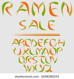 A multicolored Japanese-style alphabet for printing menus, cards, and advertisements on a light background.