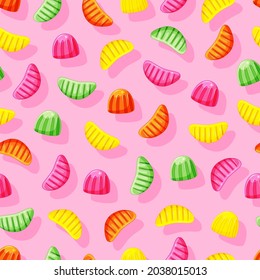 Multi-colored jelly slices seamless pattern. Healthy fruit sweets. Gummy candy vector background.