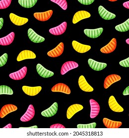 Las gelatinas multicolores se deslizan sin fisuras. Caramelos. Fondo de la caricatura vectorial.