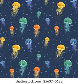 Multicolored jellyfish and bubbles.Vector seamless pattern with colorful jellyfish and bubbles on a blue background.