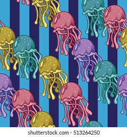 multi-colored jellyfish. pattern with jellyfish. cartoon jellyfish on a striped background. cartoon  background.