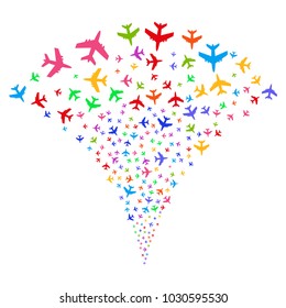 Multicolored Jet Plane stream fountain. Object fountain created from random jet plane pictographs as fireworks. Vector illustration style is flat iconic symbols with psychedelic colors.