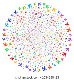 Multicolored Jet Plane twirl spheric cluster. Impressive twist created with random jet plane objects. Vector illustration style is flat iconic symbols.