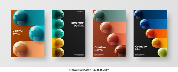 Multicolored journal cover design vector concept composition. Isolated 3D spheres corporate identity layout set.