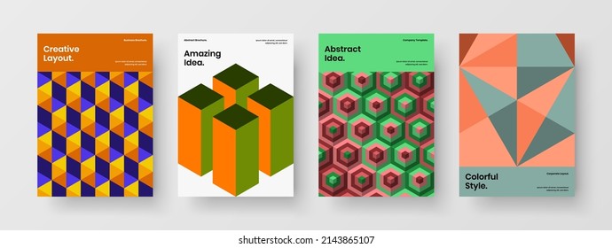 Multicolored journal cover vector design template set. Simple geometric tiles handbill concept composition.