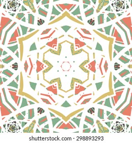 Multicolored kaleidoscopic tile element colored with stylish palette. Symmetrical seamless pattern that can be used as a background texture or for print.