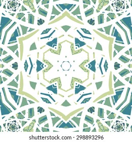Multicolored kaleidoscopic tile element colored with stylish palette. Symmetrical seamless pattern that can be used as a background texture or for print.