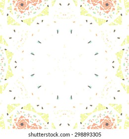 Multicolored kaleidoscopic tile element colored with stylish palette. Symmetrical seamless pattern that can be used as a background texture or for print.