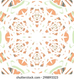Multicolored kaleidoscopic tile element colored with stylish palette. Symmetrical seamless pattern that can be used as a background texture or for print.