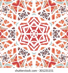 Multicolored kaleidoscopic tile element colored with stylish palette. Symmetrical seamless pattern that can be used as a background texture or for print.