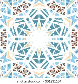 Multicolored kaleidoscopic tile element colored with stylish palette. Symmetrical seamless pattern that can be used as a background texture or for print.