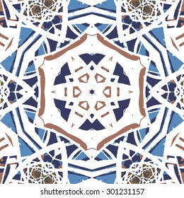 Multicolored kaleidoscopic tile element colored with stylish palette. Symmetrical seamless pattern that can be used as a background texture or for print.