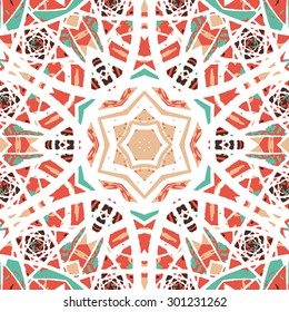 Multicolored kaleidoscopic tile element colored with stylish palette. Symmetrical seamless pattern that can be used as a background texture or for print.