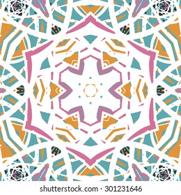 Multicolored kaleidoscopic tile element colored with stylish palette. Symmetrical seamless pattern that can be used as a background texture or for print.
