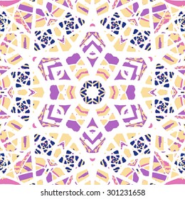 Multicolored kaleidoscopic tile element colored with stylish palette. Symmetrical seamless pattern that can be used as a background texture or for print.