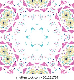Multicolored kaleidoscopic tile element colored with stylish palette. Symmetrical seamless pattern that can be used as a background texture or for print.