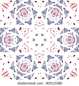 Multicolored kaleidoscopic tile element colored with stylish palette. Symmetrical seamless pattern that can be used as a background texture or for print.