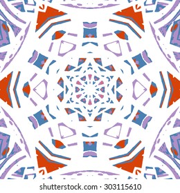 Multicolored kaleidoscopic tile element colored with stylish palette. Symmetrical seamless pattern that can be used as a background texture or for print.
